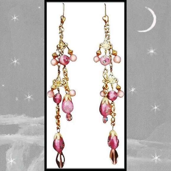 Extra Long Cluster Chain Earrings with Pink Lamp Beads are Recycled Vintage - Picture 5 of 9